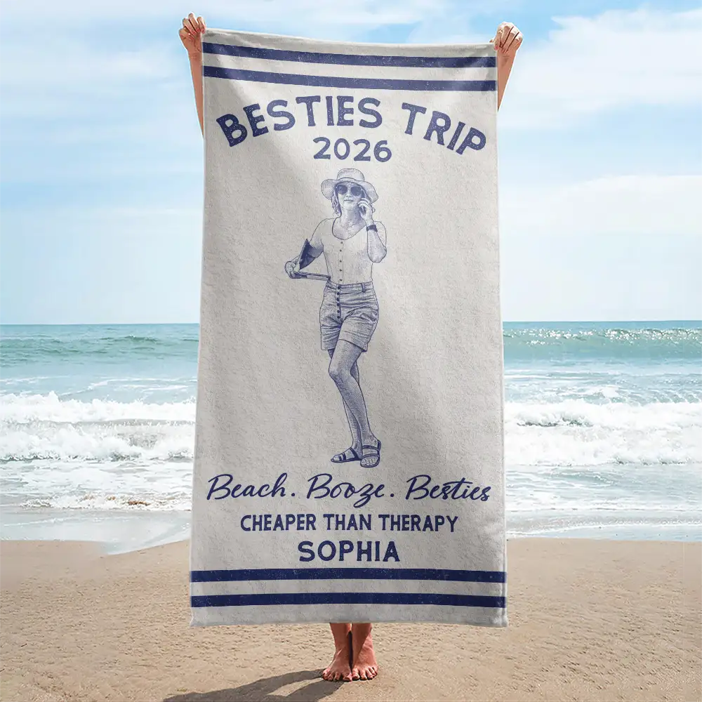 Custom Photo Ink Drawing Girls Trip Family Trip Beach Vacation - Personalized Beach Towel