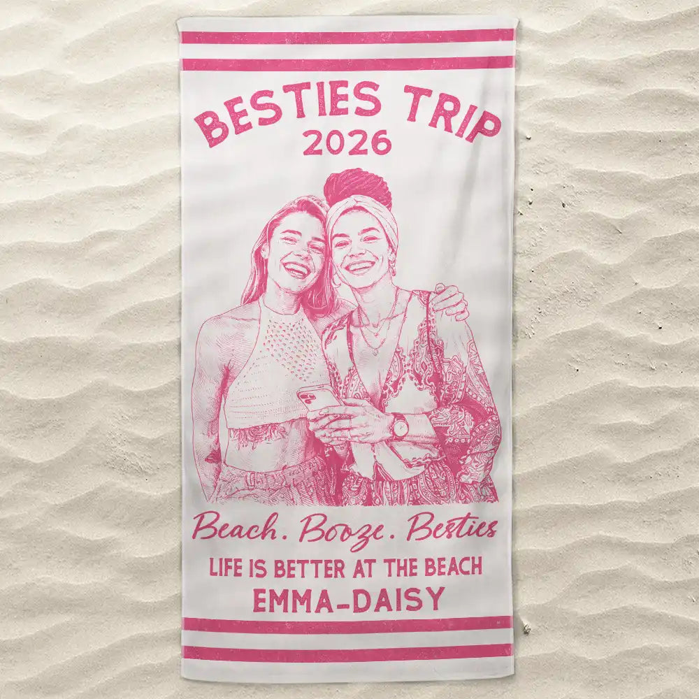 Custom Photo Ink Drawing Girls Trip Family Trip Beach Vacation - Personalized Beach Towel