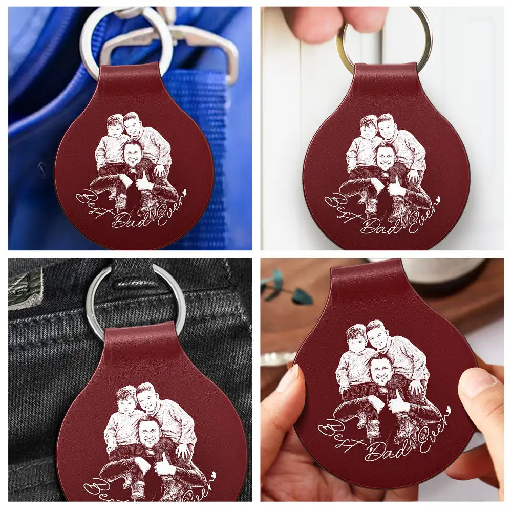 Custom Photo Pencil Sketch Best Dad Ever - Personalized Custom Shaped Leather Keychain