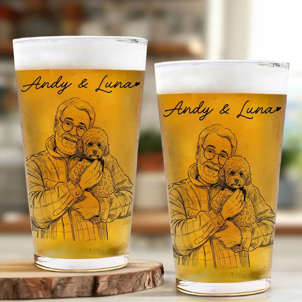 Custom Photo Pencil Sketch Family Dog Cat Portrait - Personalized Beer Glass