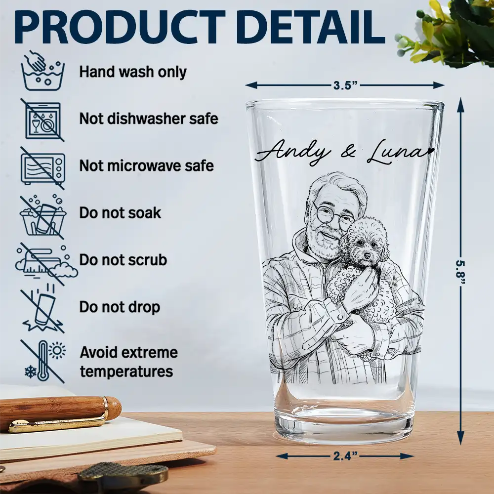 Custom Photo Pencil Sketch Family Dog Cat Portrait - Personalized Beer Glass