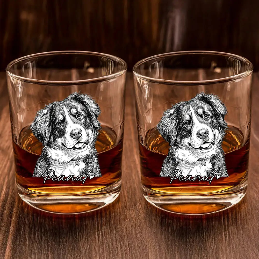 Custom Photo Pencil Sketch Art Family Dog Cat Portrait - Personalized Whiskey Glass