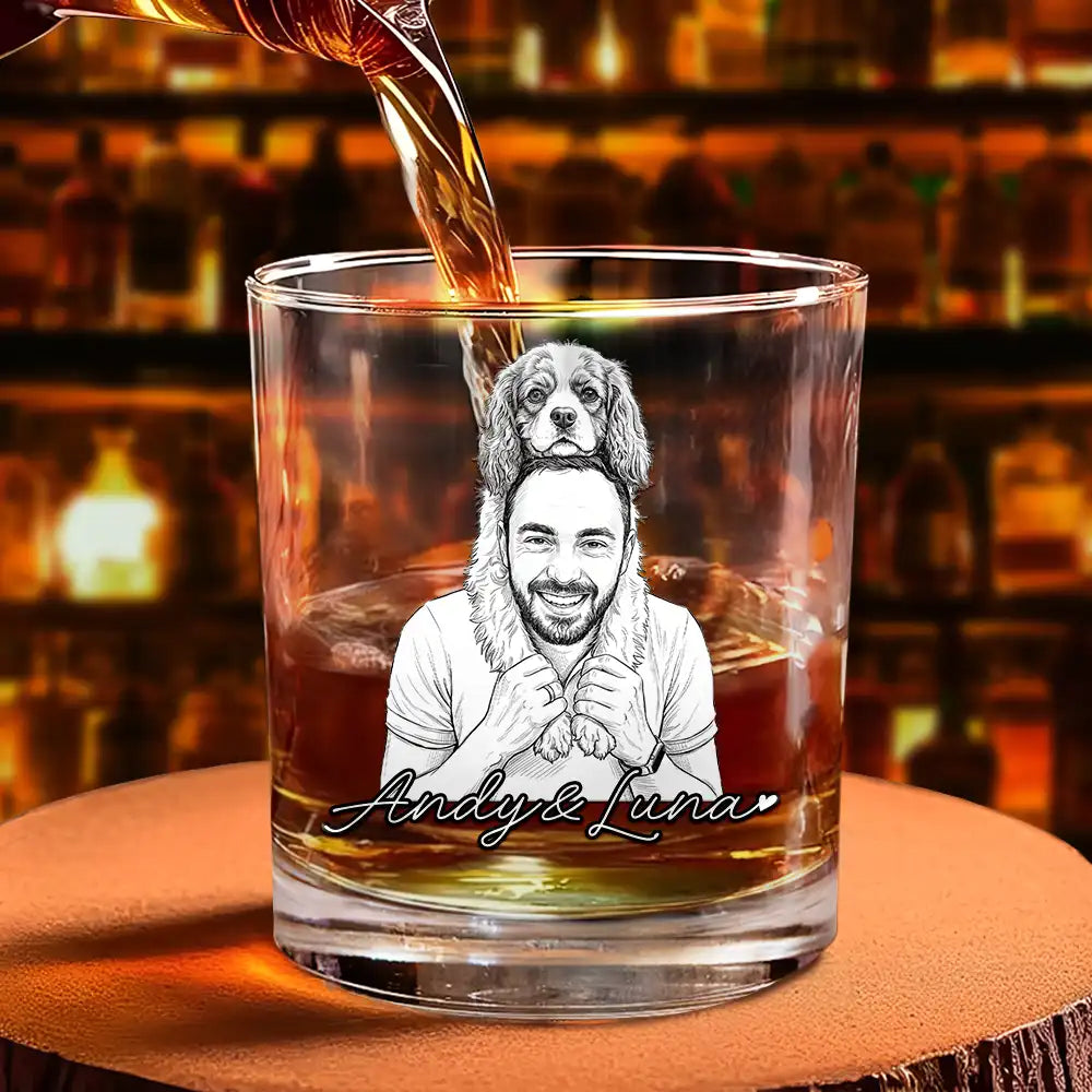 Custom Photo Pencil Sketch Art Family Dog Cat Portrait - Personalized Whiskey Glass