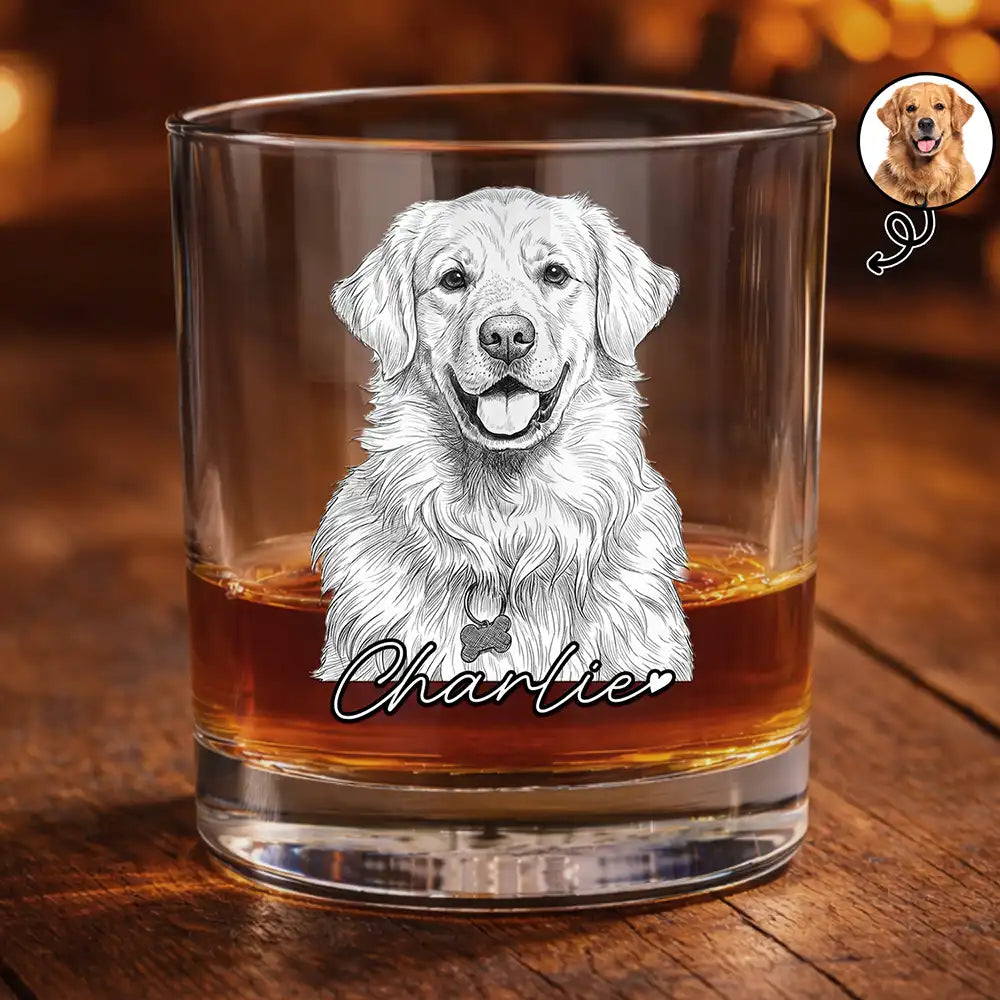 Custom Photo Pencil Sketch Art Family Dog Cat Portrait - Personalized Whiskey Glass