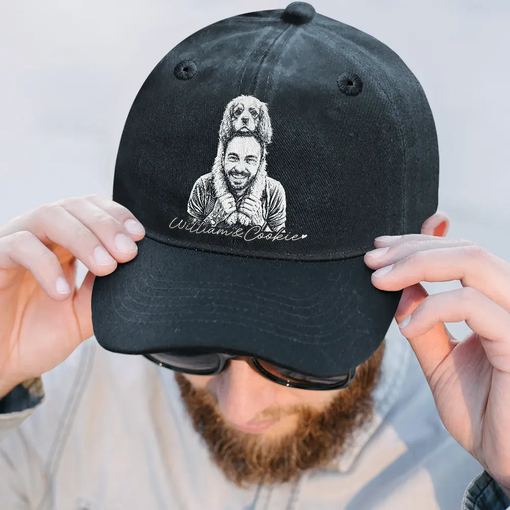 Custom Photo White Pencil Sketch Art Family Dog Cat Portrait - Personalized Vintage Washed Denim Cap