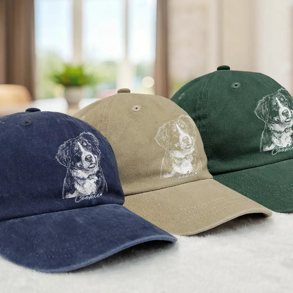 Custom Photo White Pencil Sketch Art Family Dog Cat Portrait - Personalized Vintage Washed Denim Cap