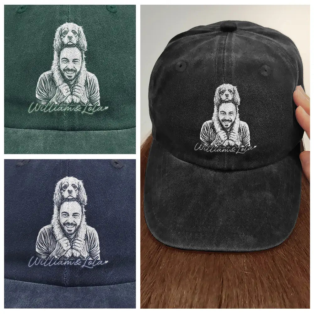 Custom Photo White Pencil Sketch Art Family Dog Cat Portrait - Personalized Vintage Washed Denim Cap
