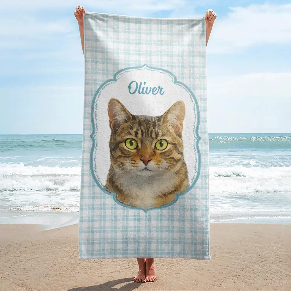 Custom Photo Realistic Watercolor Art Watercolor Dog Cat Pet Portrait Vintage - Personalized Beach Towel