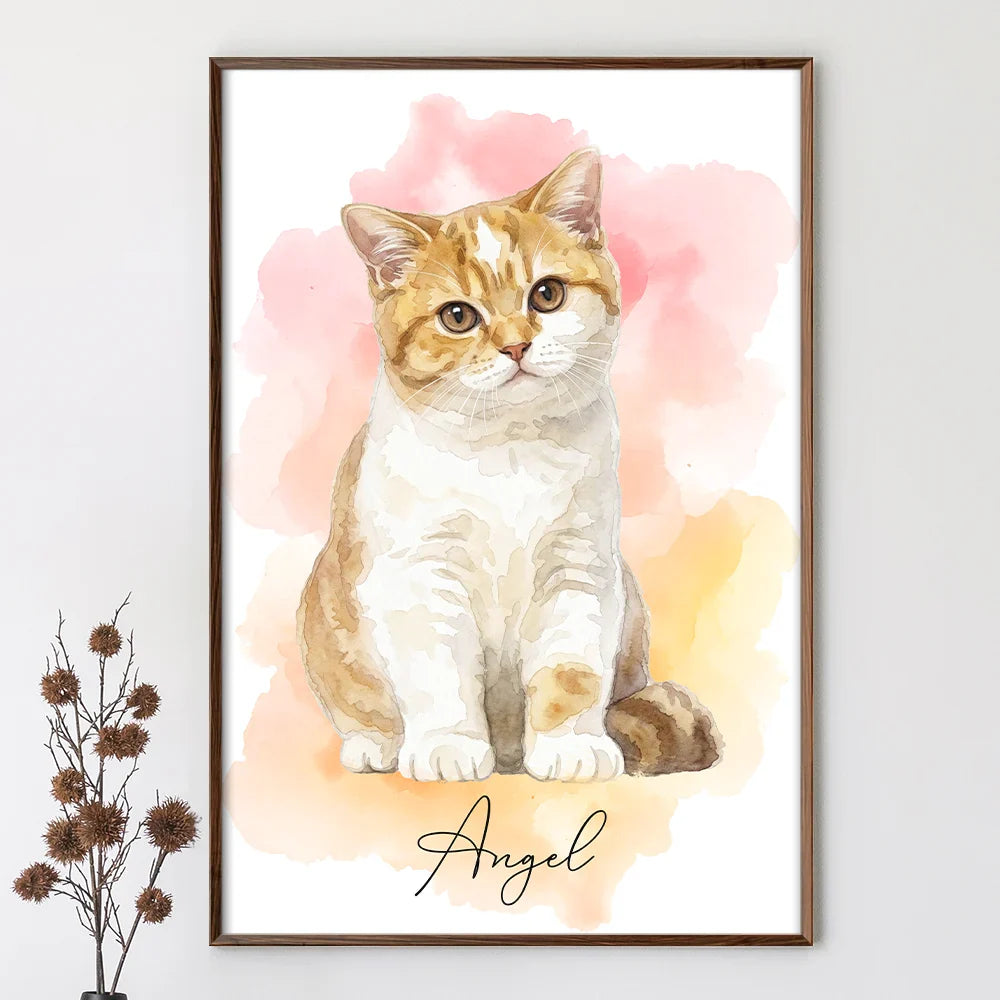 Custom Photo Realistic Watercolor Art Portrait Cat Dog Pet - Personalized Poster