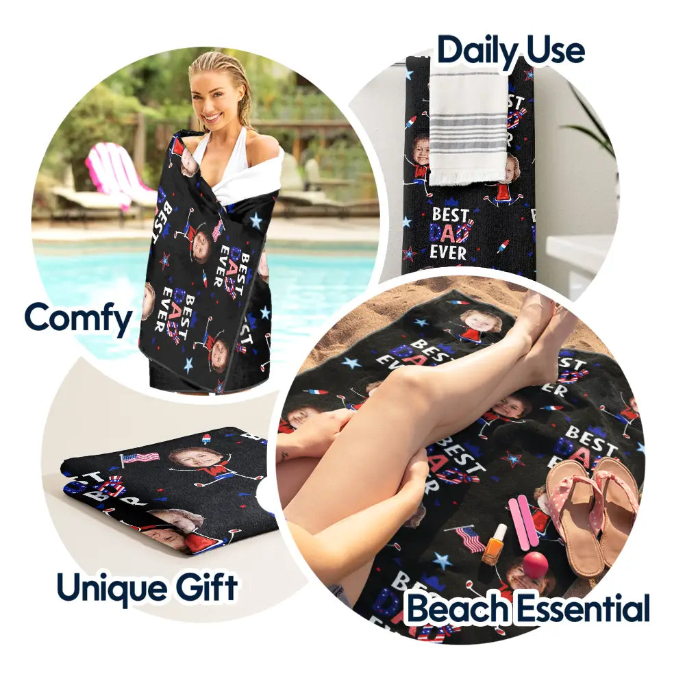 Custom Photo Stars & Stripes Best Dad Mom Grandpa Grandma Ever - Personalized Beach Towel